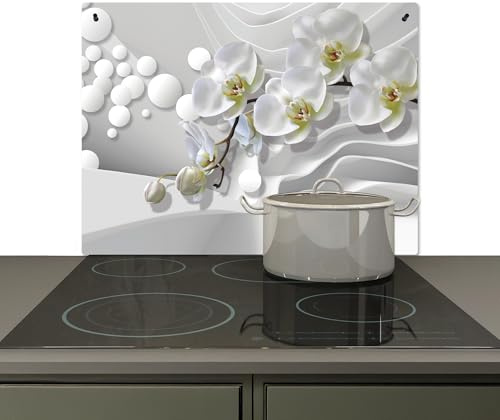 KitchenYeah© Spritzschutz Herd Küchenrückwand Vinyl Küchendeko Wand | 77x59 cm - Wandverkleidung, Herdabdeckplatten Weiß - Blumen - Orchidee - Abstrakt - Modern