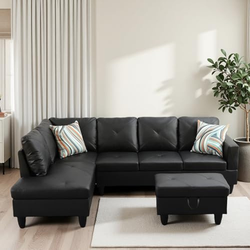 Trygoal L-Shaped Sectional Sofa with Movable Chaise & Storage Ottoman, Leather 3-Piece Modular Convertible Couches for Living Room, Black