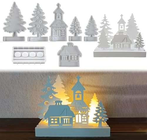 7 Stück Silikonformen Gießformen Weihnachten, Silikonform Haus Weihnachten Gießform Tannenbaum Gießformen Silikon Häuser Tannenbaum Gips zum Gießen Gießform Weihnachten Silikonform Kerzenhalter (A)
