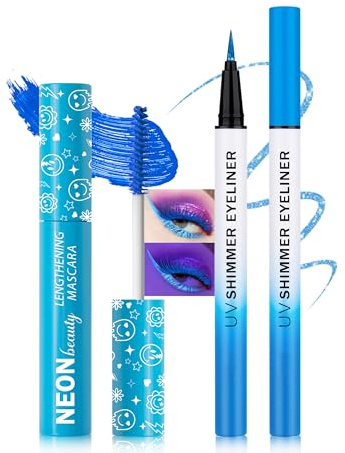Blau UV Neon Mascara & Eyeliner, Wasserfest Wimperntusche Volume and Lange, Glitter Liquid Eyeliner Bunt, UV Activated Makeup Long Lasting Fluorescent, Festival Zubehör für Weihnachten Karneval Party