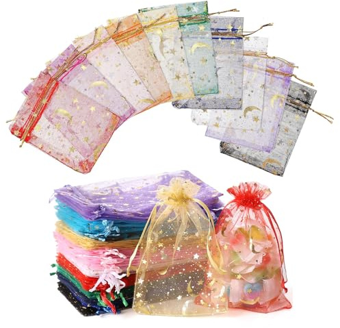 YingMengZhiGe 50 Stück Organzasäckchen 7x9 cm Kleine Organza Säckchen Geschenksäckchen Weihnachten, Organzabeutel mit Kordelzug Mond und Sterne Schmucksäckchen Mehrfarbig (Farbe 7x9 cm)