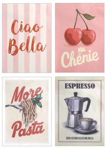 4 Stück Vintage Küchenbilder, Buntes Retro-Poster 21X30cm, Wanddeko Esszimmer Poster, Trendiges rosa Kaffee-Dekor, Modern Bilderwand, Küchen-Wandkunstdrucke, poster aesthetic set, ohne Bilderrahmen