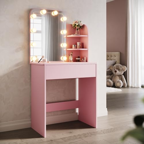 SONNI Schminktisch mit Spiegel, 10 LED, Schubladen, Rosa, 70x40x140cm | Frisiertisch mit 3 Offene Regale, 3 Lichtmodis,10 Helligkeitsstufen, Kosmetiktisch, Make-up Tisch für Schlafzimmer, Wohnung