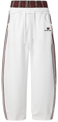 Aelfric Eden Pantaloni da jogging patchwork da uomo plaid patchwork pantaloni casual sportivi streetwear a vita alta comodi pantaloni larghi, bianco, XL