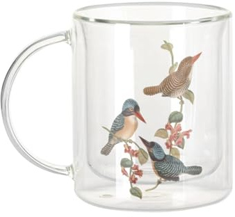 Fabulous Mug Verre Double Paroi - Oiseaux Exotiques Illustration Planche Ancienne - Tasse a Cafe et The Isotherme 330ml Effet Suspendu Anti-Brulure Imprime en France