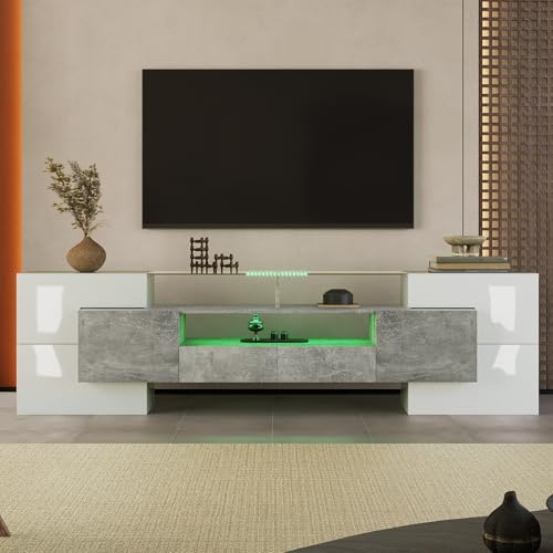 Ktipm Mueble TV de Alto Brillo de hasta 80 Pulgadas, Muebles de Salon Muebles TV con Iluminación LED y Estante de Vidrio, Mueble para TV Moderno con 6 Puertas y 2 Cajones, 200x35x60 cm, Gris+Blanco