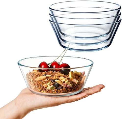 NUTRIUPS 25oz Flat Bottom Glass Bowl Set of 4, 6in Shallow Glass Bowl for Kitchen,Clear Tempered Prep Bowls, Microwave and Oven (4, 25 oz)