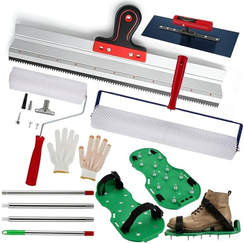 9-teilig Bodenbeschichtung Komplettset – 20+9 inchentlüftungswalze, 30mm Nagelschuhe 2m Teleskopstange, Metallrakel Glättekelle für selbstnivellierende Böden, Epoxidharz & Estrich DIY & Profi