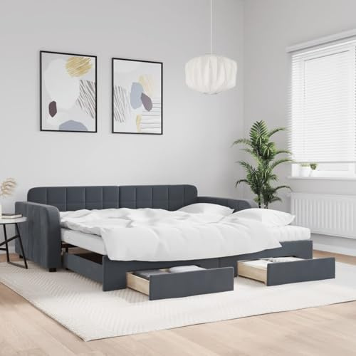 Fecpoo WGYHOME Säng, 2-i-1, utdragbar med förvaringsutrymme, sammet, mörkgrå, 223 x 212,5 x 71 cm (utdragen), 2 skummadrasser, gästrum