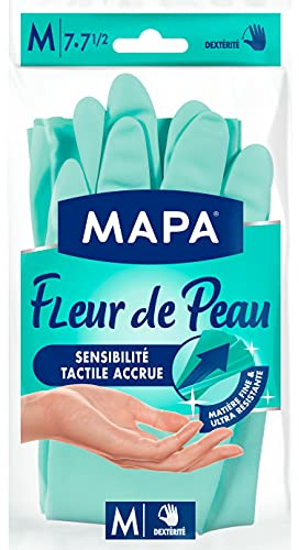 MAPA - Fleur de Peau - Gants de Ménage Toucher Parfait - Intérieur Fibres de coton avec extrait de Thé Blanc - Sans latex - Taille M
