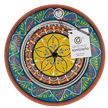 CERÁMICA RAMBLEÑA | Plato Decorativo para Colgar en Pared | Plato de cerámica | Plato decoración Mediterránea Azul-Blanco-Amarillo | 100% Hecho a Mano | 28x28x4.5 cm