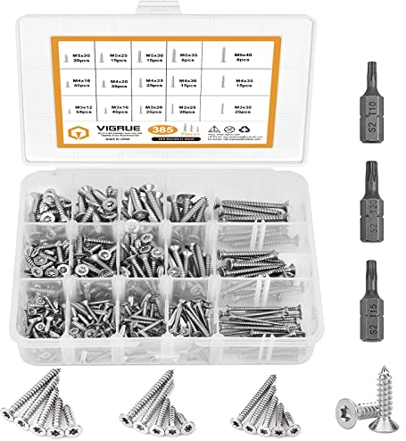 VIGRUE 385 Stück Edelstahl-Schrauben Set M3 M4 M5, Spanplattenschrauben mit Senkkopf, Selbstschneidende Schrauben Mit 3 Stück Bits