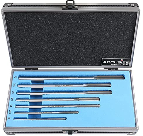 Accusize Industrial Tools Fractional Sizes 1/8 Thru 1/2 by 16th HSS M2 Premium Chucking Reamer Set, Right Hand Cut, 7pcs/Set, 5528-SH00