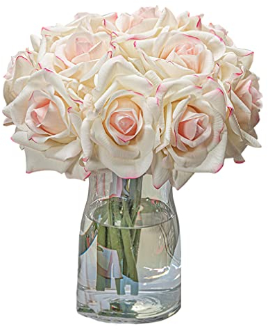 DUYONE Künstliche Rosen mit einem Stiel, 10 Stück, künstliche Seide, Blumenarrangement, echter Hauch, für Zuhause, Party, Hochzeit, Dekoration (rosa Rand)