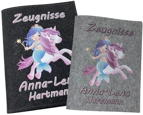 Zeugnismappe mit Namen - Mädchen und Jungen - Personalisiert Filz A4 Meerjungfrau mit Einhorn - Dokumenten Urkunden Mappe Kinder - Hefter Zeugnisse - Sichtbuch
