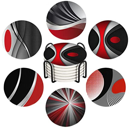 HUXJOKO Coasters for Drinks Set of 6,Modern Red Black Geometric Absorbent Ceramic Coaster,Round Stone Mat,with Cork Base and Metal Holder for Coffee Table Room Bar Home Decor Housewarming Gifts
