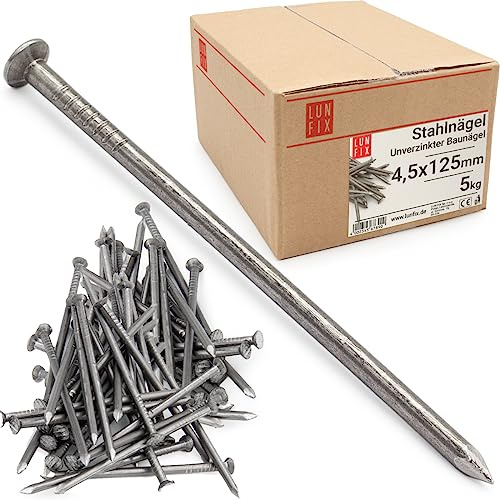 Lun Fix Clavos de acero 4,5 x 125 mm – 5 kg (aprox. 310 unidades) clavos de madera para construcción sin galvanizar clavos de 125 mm de largo, clavos de alambre de cabeza avellanada, sin galvanizar