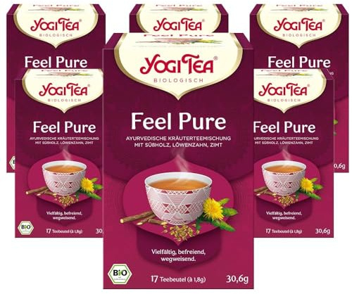 Yogi Tea Feel Pure, 6x17 Beutel (102 Teebeutel) | Ayurvedischer Bio Kräutertee, von Natur aus koffeinfrei, mit Löwenzahn, Süßholz und Zimt