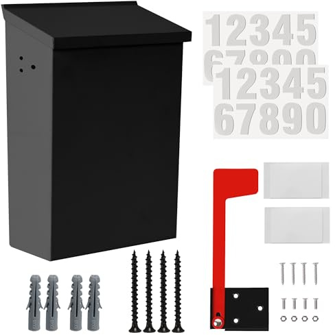 TonGass 7.1x10.1x3.8 Wall-Mount Mailbox for House with Flag and Number Stickers, Mailboxes for Outside Wall Mount with Screws Ideal for House Outdoor Use, Rust-Proof Carbon Steel Mailbox - Black