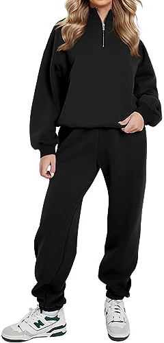 REORIA Damen Weich Baumwolle Hausanzug Dick Freizeitanzug Warm Trainingsanzug Jogginganzug Set halbem Reißverschluss Tracksuits mit Fleece-Futter