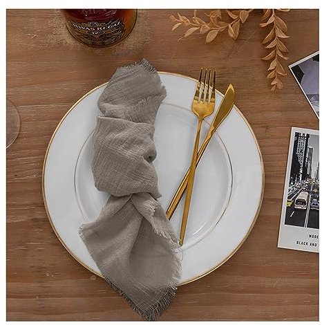Yurosiay Gaze Servietten 6 Stück 43×43cm Stoffservietten Fransen Handgefertigte Gaze Servietten Mit Fransen Waschbare Servietten Leinenservietten Boho Tischservietten für Hochzeit Party Grau