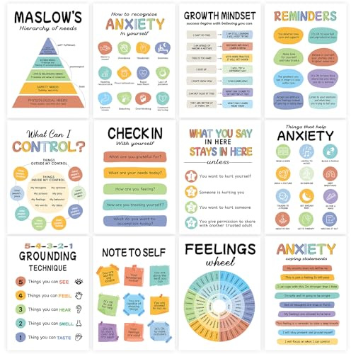 12Pcs Mental Health Posters, Therapy Office Decor, Counseling Office Must Haves School Counselor Supplies, Mental Health Wall Art Decor Home Office Classroom Inspirational Positive Poster (10x14)