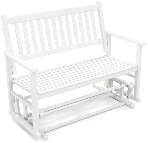 COSTWAY Banco Balancin Jardin Exterior 2 Plazas, Mecedora con Asiento de Listones y Respaldo Curvado, Deslizamiento Suave y Seguro, Blanco, 126 x 68 x 100 cm