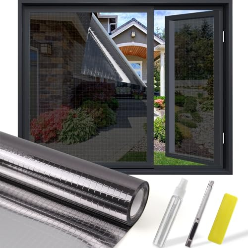 Spiegelfolie Fenster Sichtschutz, Fensfolie Sonnenschutzfolie Fenster innen oder außen 44.5 x 400 cm UV-Schutz Spiegelfolie, Fensterfolie Blickdicht Schwarz-grau Kariert Selbstklebend Fensterfolie