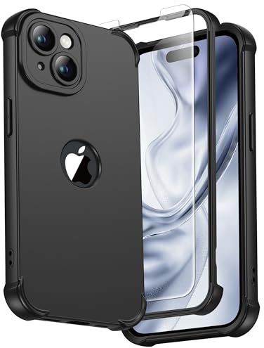 ORETECH for iPhone 15 Case 6.1, Shockproof Slim, Screen Protector, Black | 15ft Military Grade Drop, Camera Lens Guard, 360 Silicone Rubber Bumper
