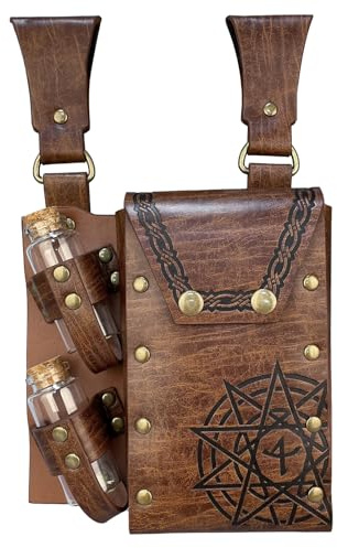 HiiFeuer Mittelalterliche Alchemie Kunstleder Gürteltasche mit 2 Kork Zaubertrank Fläschchen, Fantasy Wizard Hüfttasche Side Pack für Halloween (Hellbraun B)