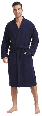 FashGudim Frottee-Bademantel für Männer Groß und Klein Kurzer Herren-Kimono Superabsorbierend Spa Wadenlang Mit Taschen（Marine,LXL）