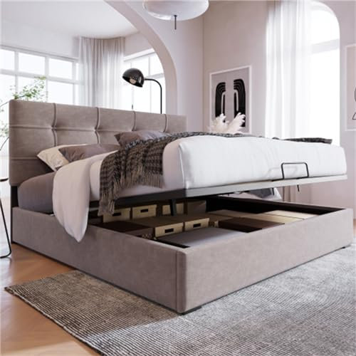 Hydraulisches Doppelbett Mit Polsterung, Verstellbarem Kopfteil Und Lattenrost Aus Metall, Moderner Bettrahmen Mit Geräumigem Stauraum Unter Dem Bett, Perfekt Für (Size:Keine Matratze,Color:140*200cm)