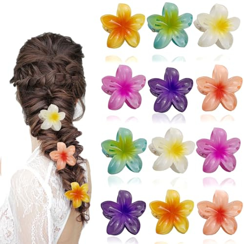 Hebterrka 12 Stück 4 cm Blumen-Haarspangen für Frauen, Preppy Flower Haarklammern, Hawaiianische Plumeria Haarspangen, Geschenke für Frauen und Teenager-Mädchen