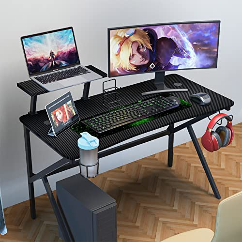 HaodaCulture Mesa Gaming 100 x 55 cm, Escritorio Gaming Ergonómica, Escritorio Gaming de Fibra de Carbono Ergonómicas, Mesa Gamerpara Ordenador con Portavasos y Gancho para Auriculares, Negro