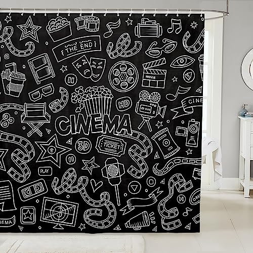 TDTRADD Duschvorhang mit Filmmotiv für Badezimmer, Kino, Kino, Badezimmer, Vorhang-Set, 182,9 cm B x 182,9 cm, Schwarz / Weiß, Kritzeleien, Cartoon-Badevorhang, Kino-Poster, Vorhang-Set, 12 Haken