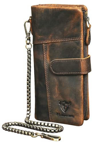 Handadsume Echtleder Crazy Horse Leder Reisen Geschenk Münztasche Kartenetui Lang Organizer Brieftasche Kette RFID Geldbörse mit Snap für Männer männlich 1803 (1803B Braun)