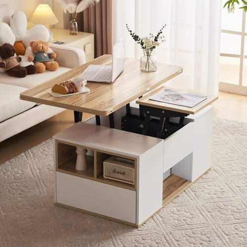 BTM Lift Top Coffee Table With Storage, Coffee Table With 2 Drawers and Lift Up Tabletop, End Table Tea Tables for Living Room, 100x51x47cm, White & Oak