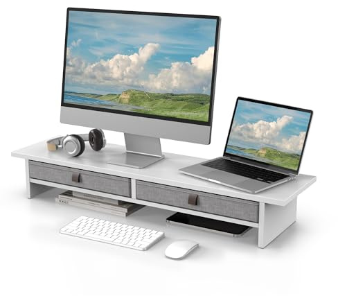 Fenge Dual Monitorständer Riser 2 Etagen Computer Monitor Ständer mit Schublade für PC Laptop Drucker TV, 90x23,5x14,2cm Tragfähigkeit 25KG (Weiß)