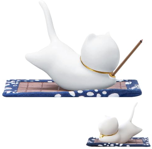 Porta Incenso Gatto, Incensiere in Ceramica, Simpatico Porta Incenso a Forma di Gatto, Oggetti Decorativi per La Casa per Gatti con Tappetino in Bambù per Casa, Soggiorno, Patio, Esterno