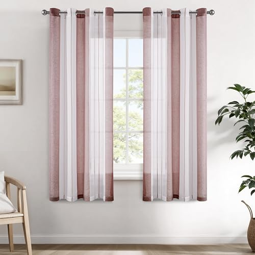 EMEMA 2er Kurz Vorhänge mit Ösen Altrosa-Weiss Streifen 140 * 160cm Gardine | Moderner Wohnzimmer 2er Set Stores Schals mit Ösenschal Halbtransparent Dekorieren Schlafzimmer Vorhang 140x145cm