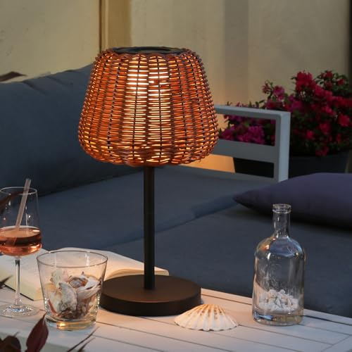 MARELIDA LED Garten Tischlampe in Korboptik Outdoor Akku Tischleuchte in Rattanoptik für Garten Terrasse Balkon Außen kabellos dimmbar aufladbar per USB (Tischlampe - hellbraun)