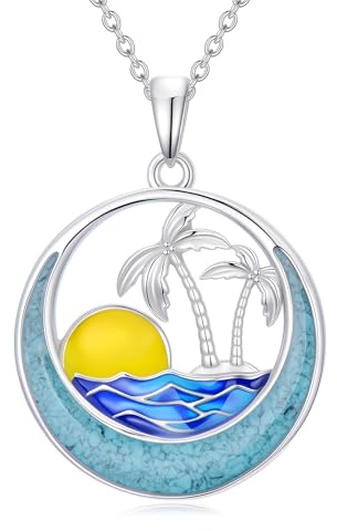 Midari Palm Tree Necklace 925 Sterling Silver Sun Sunset Ocean Wave Pendant Necklace with Turquoise Tropical Beach Jewelry Gifts for Women Wife Friend