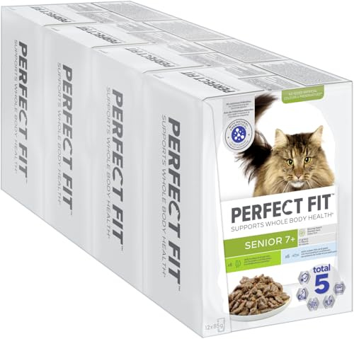 PERFECT FIT™ Katze Portionsbeutel Multipack Senior 7+ mit Truthahn und Karotten, mit Hochseefisch und Erbsen 4 x 12x85g