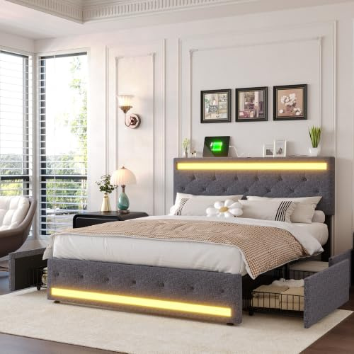 BRILVERDE Letto Imbottito 160x200 con Contenitore, Letto Matrimoniale con USB e LED, con 4 cassetti, Letto Funzionale con testiera, Struttura Letto con Rete a doghe, Lino (Grigio, 160 x 200 cm)