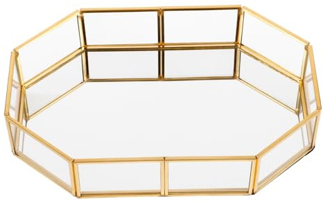 FOMIYES Bandeja Organizadora De Escritorio Para Joyas y Perfumes, Soporte De Anillos Marco De Latón y Vidrio Resistente Oxidación, Adecuado Para Tocador y Ahorro De Espacio, Tamaño 20x14,5x4,5 Cm