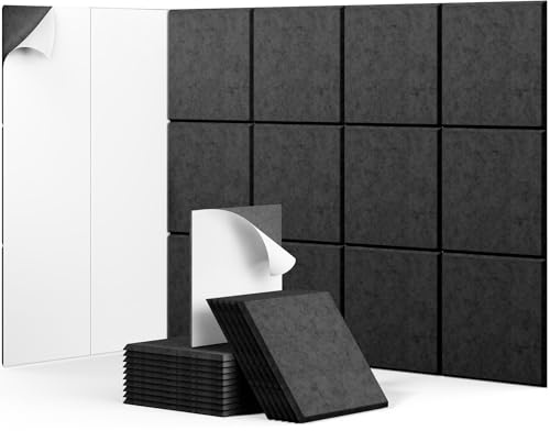 INMOZATA 12 Pack Square Sound Proofing Panels Self-adhesive, Acoustic Panels, 30 X 30 X 0.9 CM High Density Insulation Soundproofing Panels for Walls, Door, Recording Studio, Home Offices, Black
