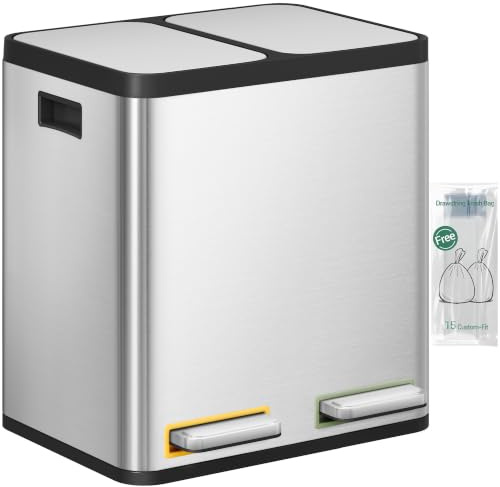 Hzuaneri Mülleimer Küche, Mülltrennsystem 2 Fächer 30L (2 x 15 L), Edelstahl-küchenmülleimer, Tretmülleimer mit Farbcodierbaren Pedalen, Abfalleimer Ruhiger Langsamer Abstieg, Silber SW21599E