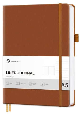 Lonely ekfodrad journal anteckningsbok, A5 inbunden linjerad anteckningsbok för kvinnor och män, 120 gsm syrafritt papper med inbunden läder och innerficka, daglig dagbok för arbete (brun)