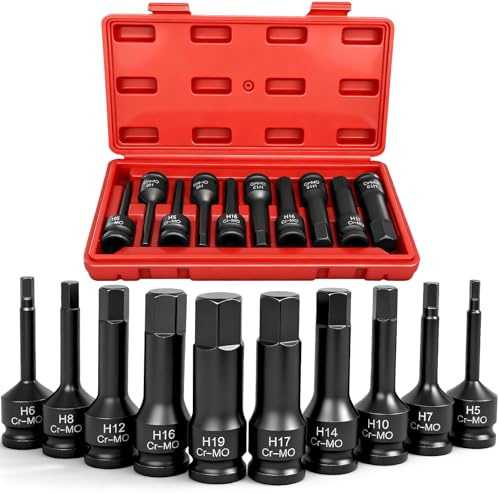 AFEPHE 10 delar insexnyckel set 1/2 tum, 1/2 tum Drive HEX kraft insexkant, slagnyckel, nötter, 5–19 mm insexmuttrar sexkant bits set för insexskruvar