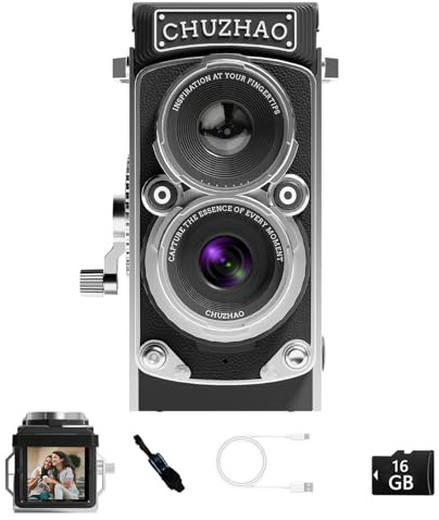 CHUZHAO Mini appareil photo numérique vintage, style TLR rétro, compact et compact, petite poche 1080p FHD 12 MP Autofocus Vlogging avec carte de 16 Go (noir)